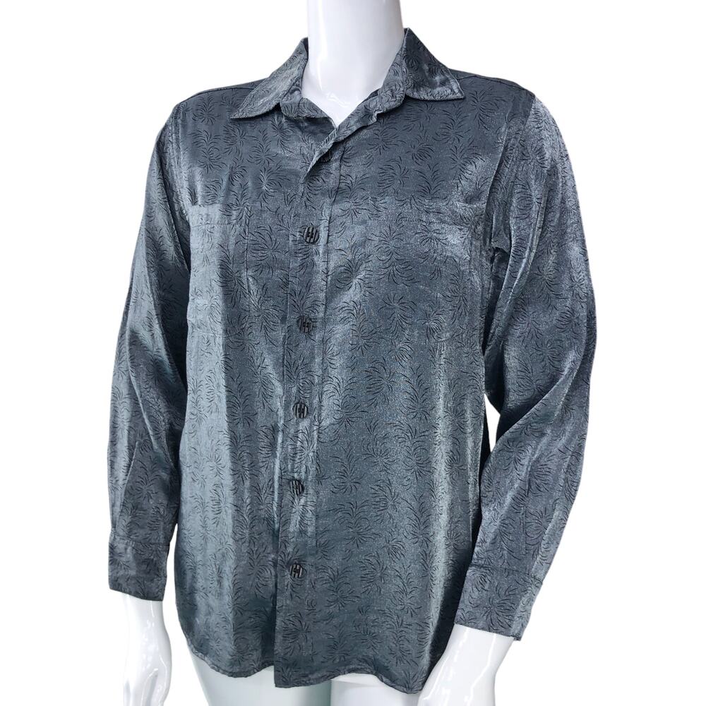 Chicos Design Womens Size 2 US 12 Shirt Button Front Silver Patterned Casual